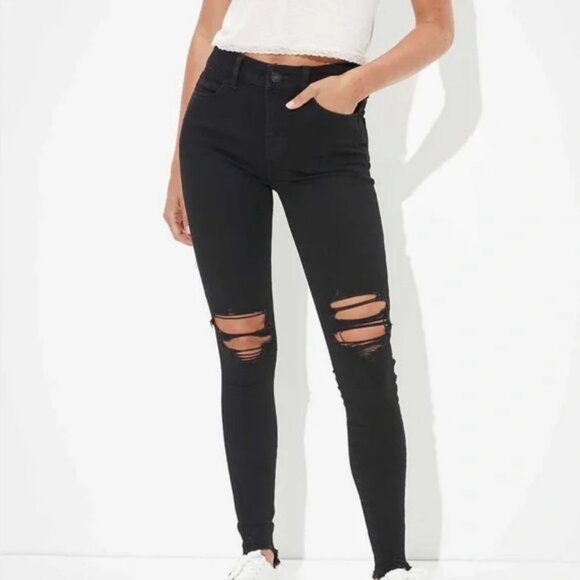 AEO The Dream Jean High Rise Distressed Black Jegging Jeans (10R) EUC - Picture 1 of 13
